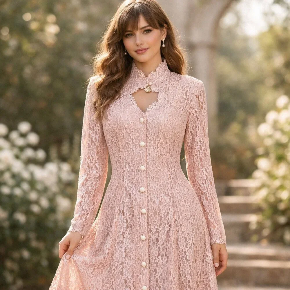 Lace Maxi Dress Vintage Long Sleeve Size 5 Blush Pink Coquette Formal Wear - Picture 2 of 16